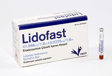 LIDOFAST 41,598 MG/ 1,8 ML+0,0225 MG/1,8 ML ENJEKSIYONLUK COZELTI ICEREN KARPUL (50 ADET)